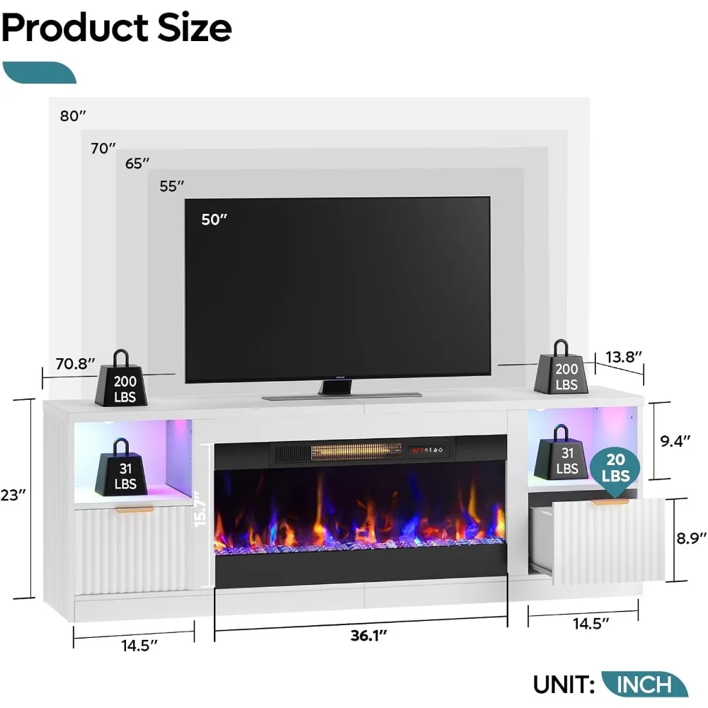 70” Fireplace TV Stand for TVs Up to 80",LED Entertainment Center with 36" Electric FireplaceModern Fluted Media Console Table 5