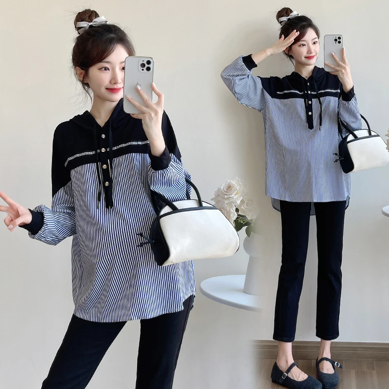 Autumn Pregnant Women's Loose Striped Shirts Block Color Patchwork Long Sleeve Hooded Top Button Fly Maternity Blouses with Hat