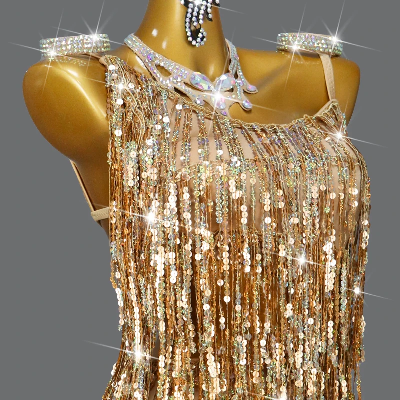 Dance Dress Womens Latin Fringe Competition Party Costume Kids Practice Clothing Sequin Sexy Girls Line Suit Customized