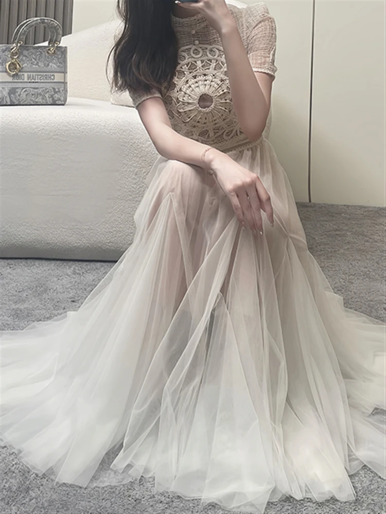 

Винтажные женские сексуальные сетчатые Элегантные платья-трапеции с коротким рукавом в стиле бохо 2023, женское платье с вышивкой, летняя однотонная женская одежда