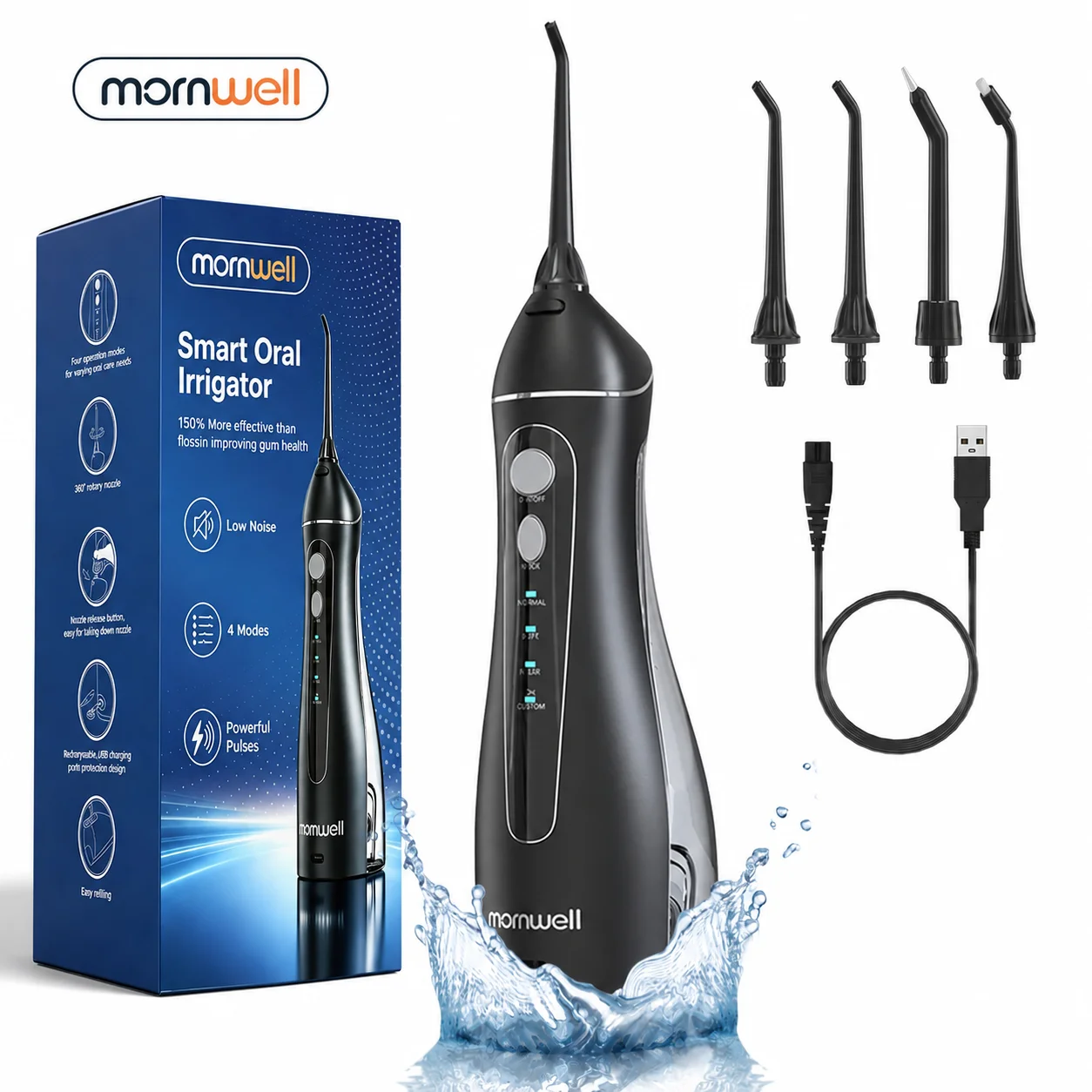 Mornwell Portable USB Rechargeable Water Flosser with 4 Nozzles and 200ml Tank - Waterproof Oral Irrigator