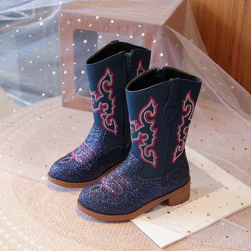 Girls Mid Calf Cowboy Boots with Sparkling Sequins for Winter