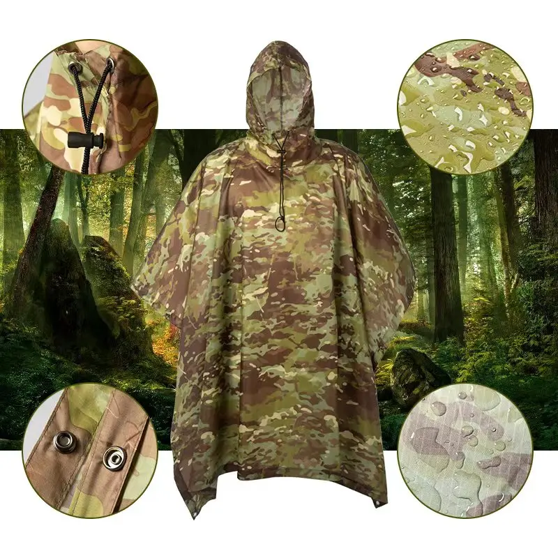 Outdoor Men's Rain Poncho - Multifunctional Waterproof Camouflage Cover for Camping, Hunting, Clothes Shelter, Tent - Military Emergency Raincoat
