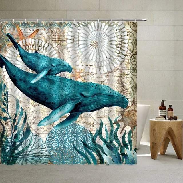 Blue Whale Shower Curtain Waterproof Fabric Curtain for Bathroom Ocean  Animal Water Color Blue Bathroom Decor Sets with Hooks - AliExpress