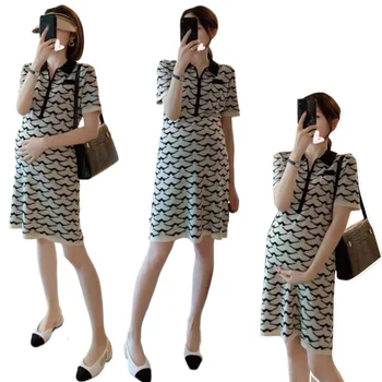 French Style Luxury Maternity Dress Short Sleeve Turn-down Collar Fashion Printing Pregnant Woman Knitted Dress Straight Dresses