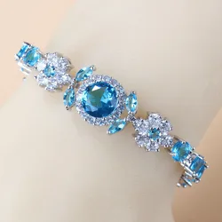 Elegant Blue Cubic Zirconia 925 Silver Charm Bracelet with Adjustable Length (Silver  Sky Blue)