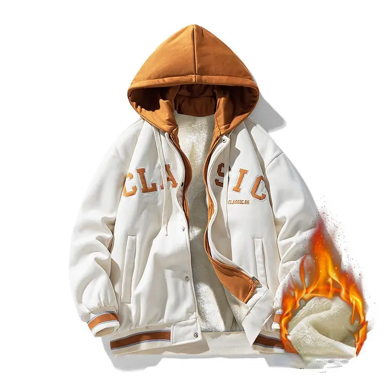 Embroidery Trendy Sweatshirt Coat Thick Warm Zipper Lamb Wool Jacket Men and Woman Winter Plush Lined Hip Hop Cardigan Hoodie