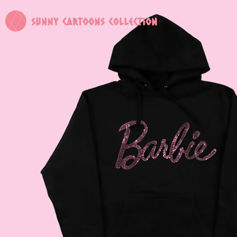 

Miniso Барби Толстовка со стразами логотип буквы Y2K черный белый свитер Харадзюку пуловер с капюшоном американская уличная одежда Одежда для девочек