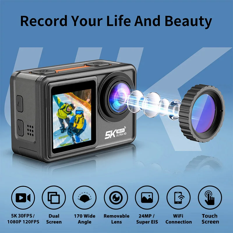 Action Camera 5k 30fps 4k 60fps Eis With Optional Filter Lens 24mp