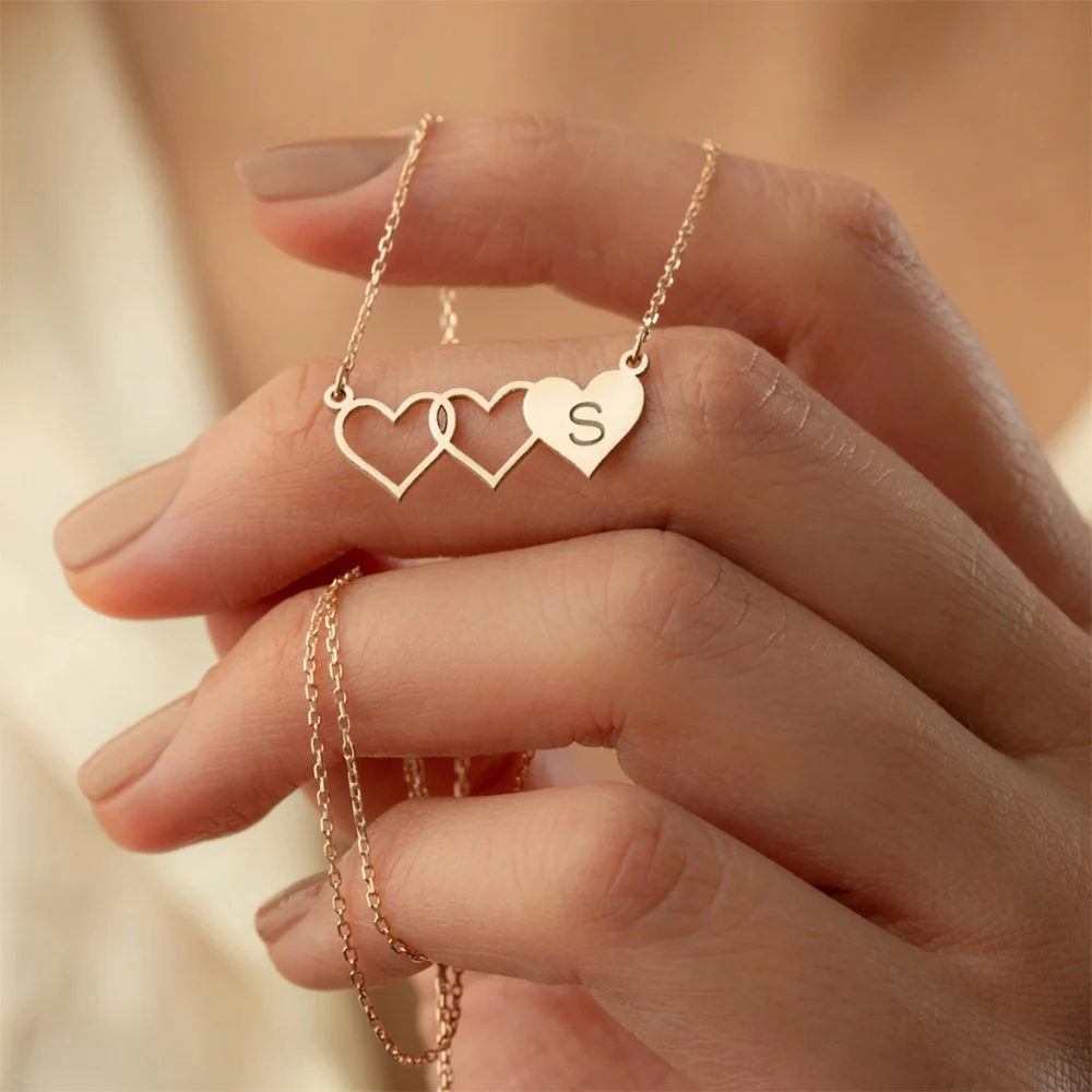 

Personalized Three-heart Necklace, Custom Engraved Name Pendant, Solid Love Heart, Hollow Love Heart Combined Jewelry Gift