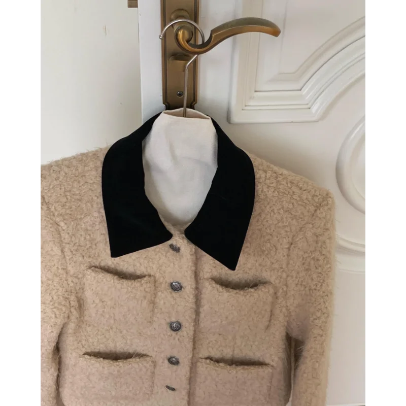 Khaki Stitching Lapel French Vintage Women Coat Small Fragrant Korea Long Sleeve Pocket Elegant Casual Short Coat Autumn Winter