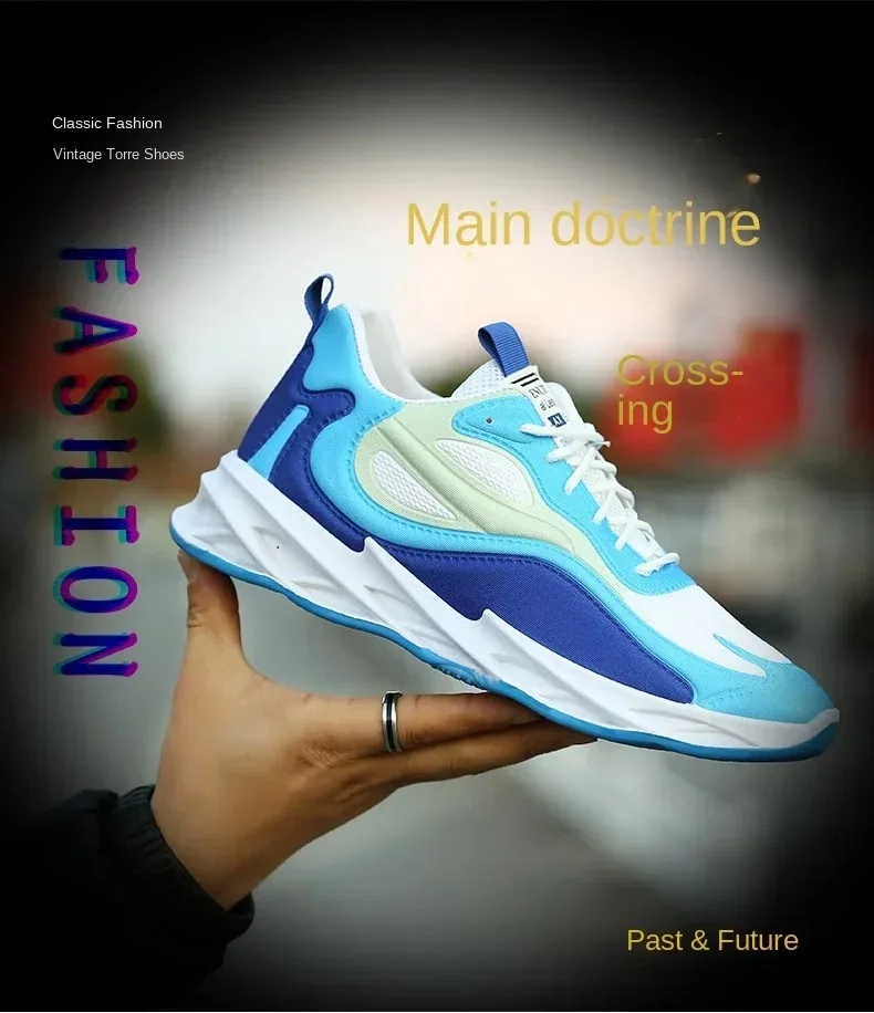 Close-up of men’s thick-soled fabric sneakers in motion, highlighting breathable texture and sporty Korean-inspired design blue