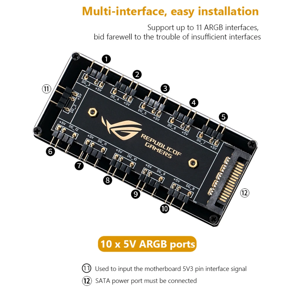 오크위안 5V 3핀 ARGB 케이블 RGB SATA 아수스 아우라 싱크 RGB 10 허브 스플리터 SATA 전원 연장 케이블 어댑터 LED 스트립 라이트용
