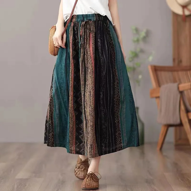 

Summer Skirts Women New Literary Loose Cotton and Hemp Printing Elastic Waist Skirt Fashion Women's Mid Length A-line Skirt 2023