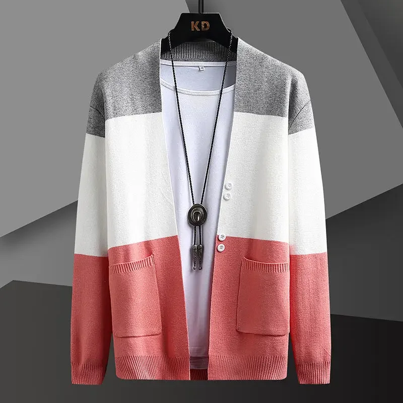 Fashion Knitted Button Spliced Pockets Color Cardigan Sweaters Men's Clothing 2024 Autumn Winter New Oversized Casual Tops