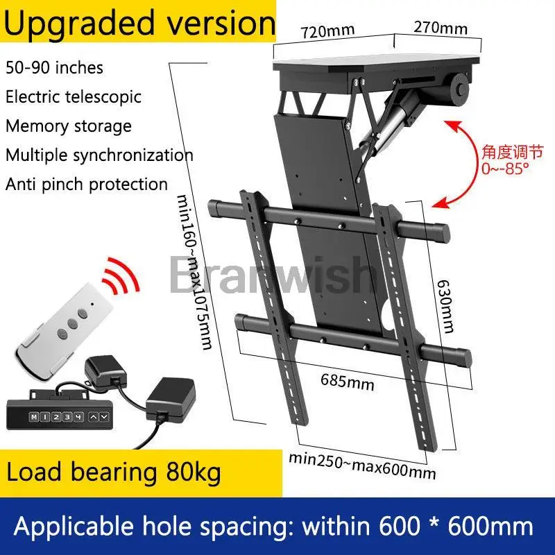 

50-90" Ceiling LIFT TV Electric Remote Control Rotating Bracket Support Motorized Stand Adjustable Techo Mount Wall Holder