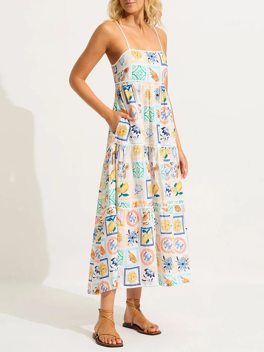 

Women'S Midi White Loose Camisole Dress Cute Print Sleeveless Spaghetti Strap Tied Back Flower Dress With Pockets