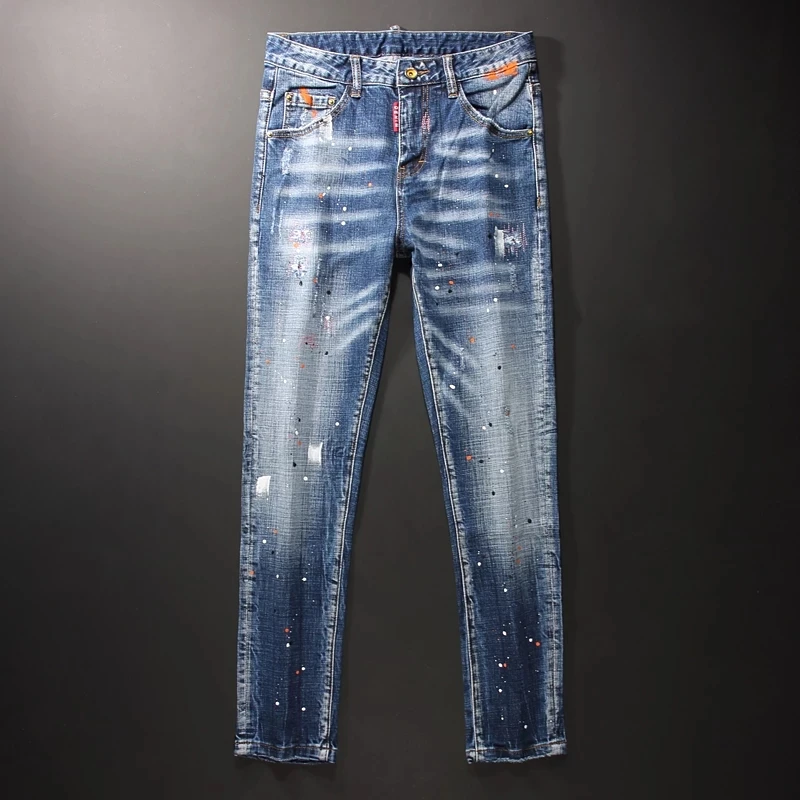 Fashion Streetwear Men Jeans Retro Light Blue Elastic Slim Ripped Jeans Men Painted Designer Hip Hop Denim Pencil Pants Hombre