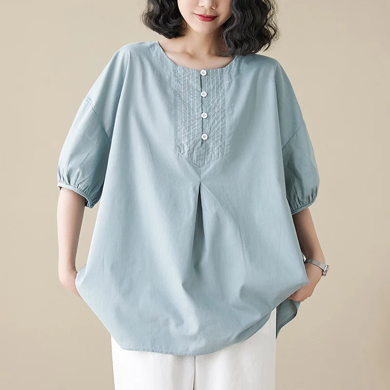 Japanese Style Pregnant Woman Cotton Shirts 2023 Summer Plus Size Female Blouses Short Sleeve O-Neck Maternity Top Casual Shirt