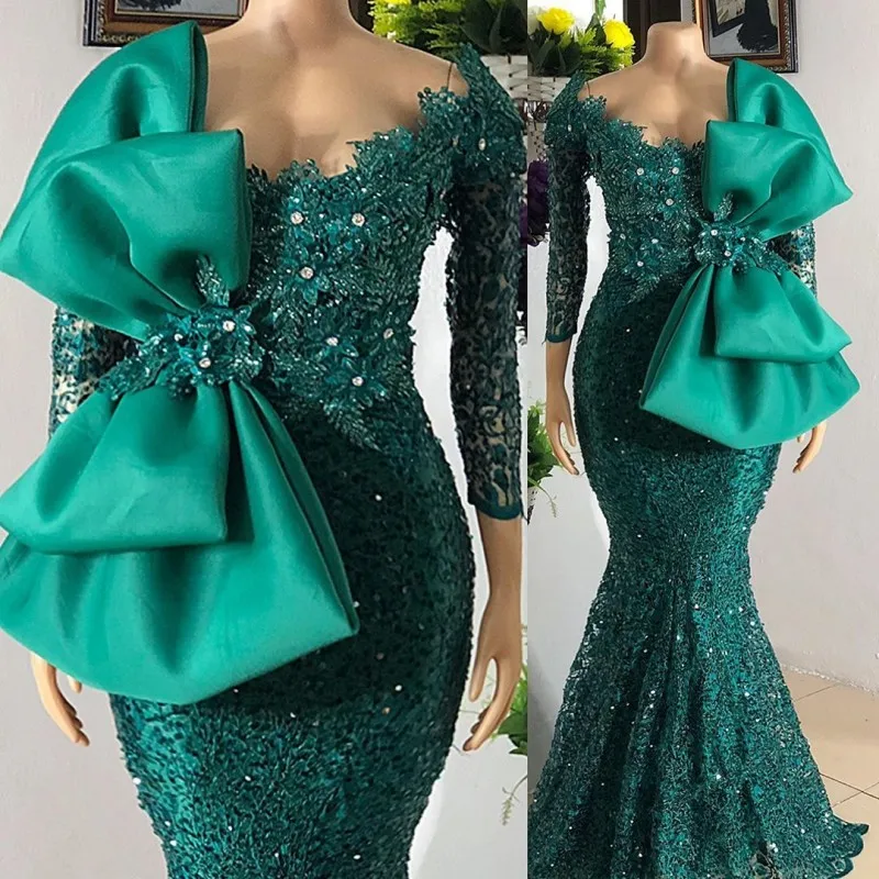 Robe De Soirée De Mariage Abiti Da Sera A Sirena Fiocco Lungo Cacciatore Abiti Da Ballo Africani Con Perline Verdi Abiti Da Festa Arabi Formales
