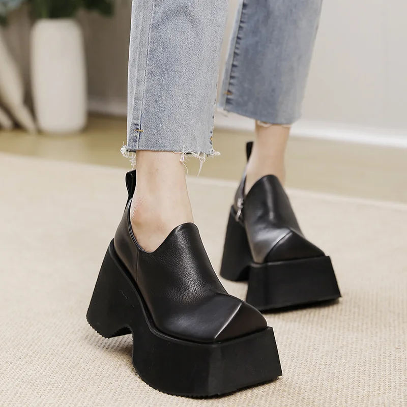 

Retro Square Toe Genuine Leather Platform Shoes Women's 10cm High Heels Original Autumn and Winter New Four Seasons Women Pumps