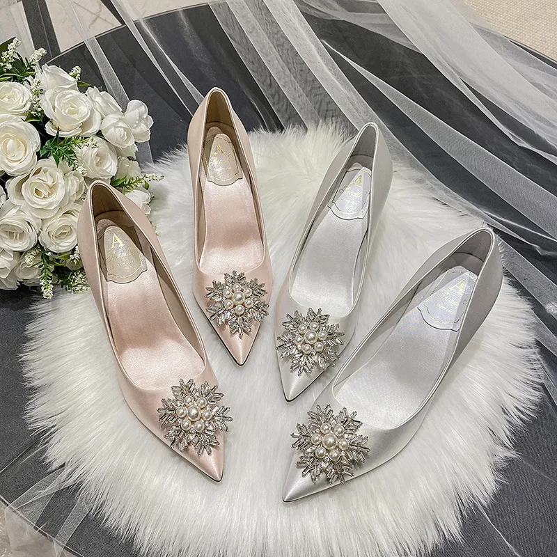 

Women White Wedding Shoes High Heels Satin Bridesmaid Dress Shoes Stiletto Pumps Ladies Shoes
