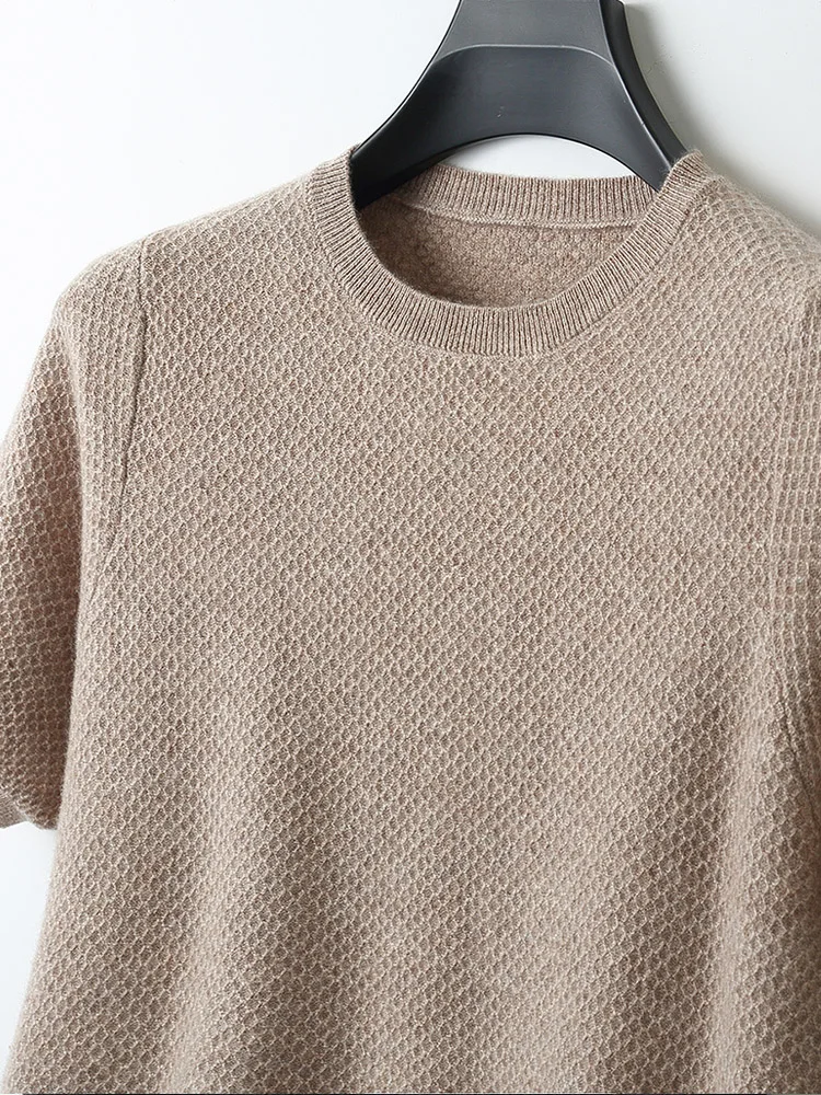 Men's Wool T-shirt Short Sleeve Spring Summer O-neck Pullover Merino Wool Knitwear Casual Cashmere Jacquard
