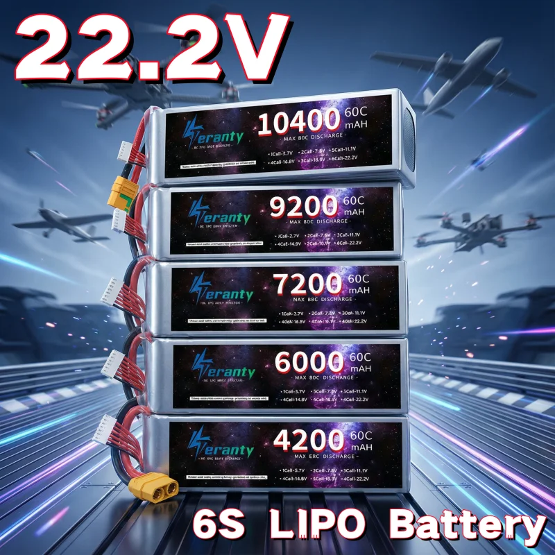 Vue de face de la batterie LiPo 6S 22.2V pour drone, étiquette indiquant la capacité et les spécifications
