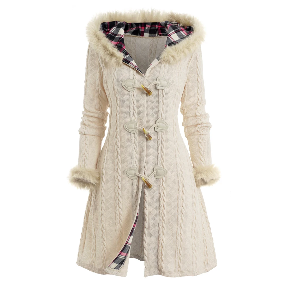 Dressfo 케이블 니트 격자 무늬 인조 모피 패널 후드 스웨터 코트, 따뜻한 겨울 혼 단추 롱 니트 롱 니트웨어