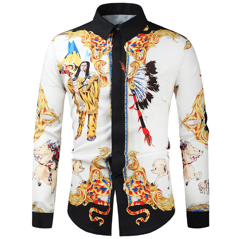 thumbnail image 1 of Camisa informal ajustada de estilo étnico distintivo nacional para hombre, blusas clásicas, camisas de manga larga con cuello vuelto, ropa de vestir, 1 of 5
