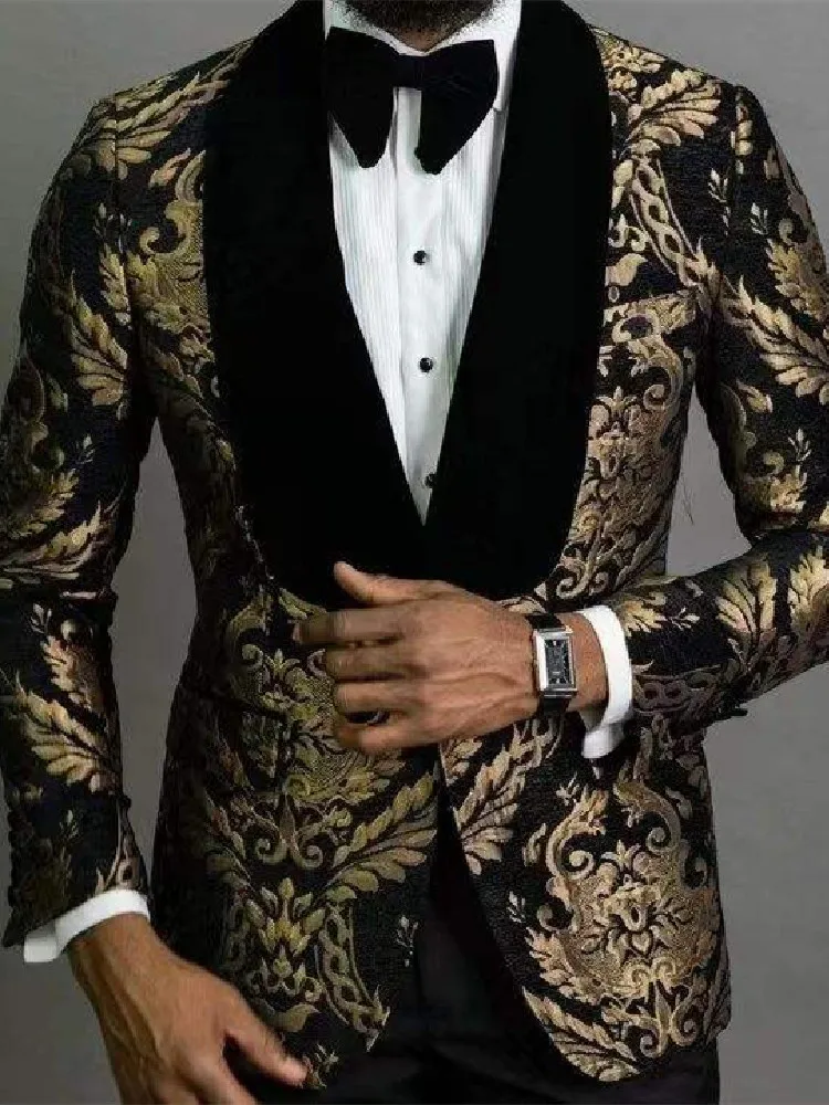 Luxury Gold Jacquard Men' s Suit 2 Pieces Blazer Black Pants One Button Velvet Sheer Lapel Fashion Business Modern Wedding Groom
