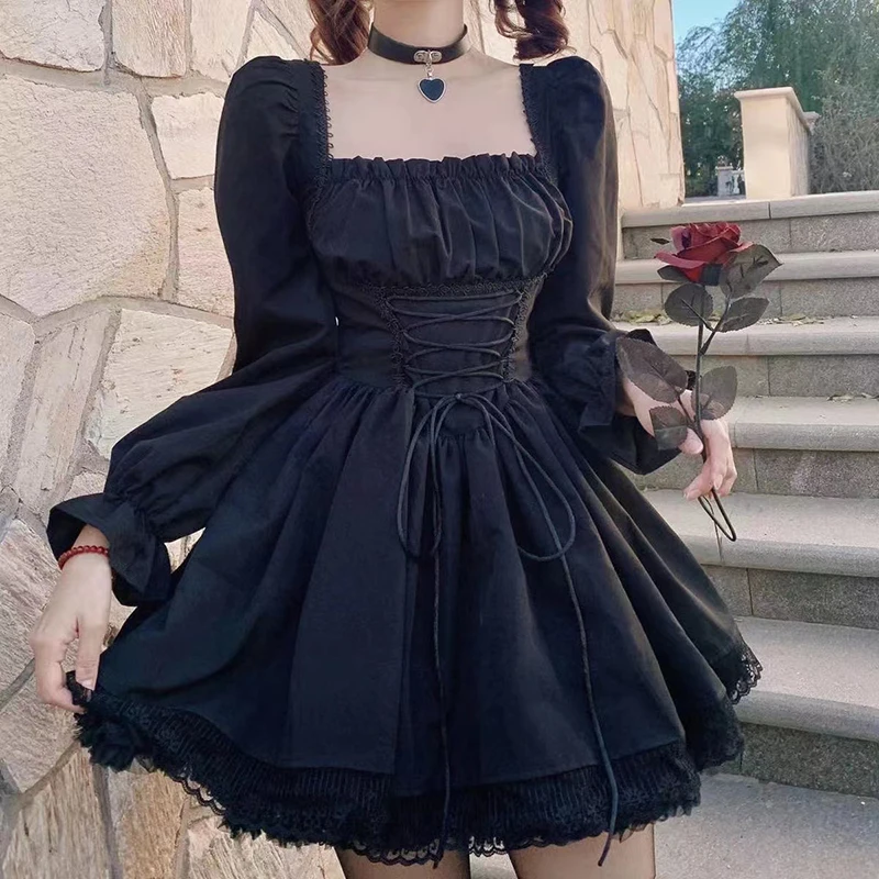 Long Sleeves Lolita Black Dress Goth Aesthetic Puff Sleeve High Waist Vintage Bandage Lace Trim Party Gothic Clothes Dress Woman