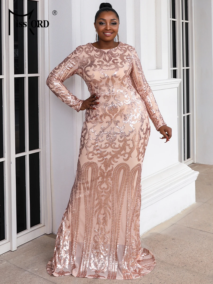 Rose Gold Long Sleeve Full Length Sequin Dress Elegant Long Dress