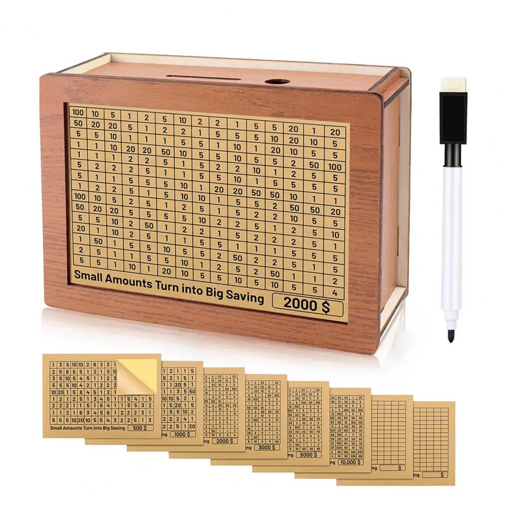 

Wood Money Box Vintage Wooden Money Box with Counter Marker Pen Target Number Sticker Piggy Bank Coin Cash Container for Money