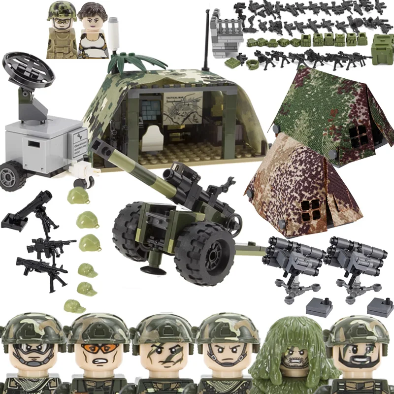 

City Military Special Forces Solider Figures Building Blocks SWAT Base Ruin Vehicle Headquarters Tent Cannon Weapons Bricks Toys