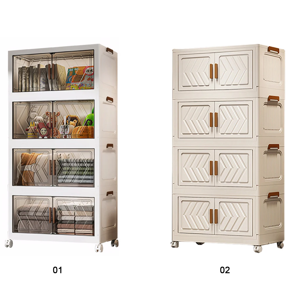 4 Tier Plastic Storage Containers with Doors & Wheels Foldable Organization Folding Storage Boxes for Living Room Bedroom Office 4