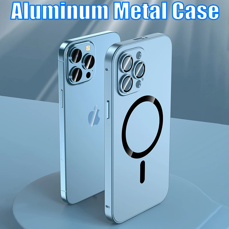 

Aluminum Metal Case For iPhone 14 13 12 Pro Max Magnetic Wireless Charging Support Lens Glass Film Hard PC Back Cover