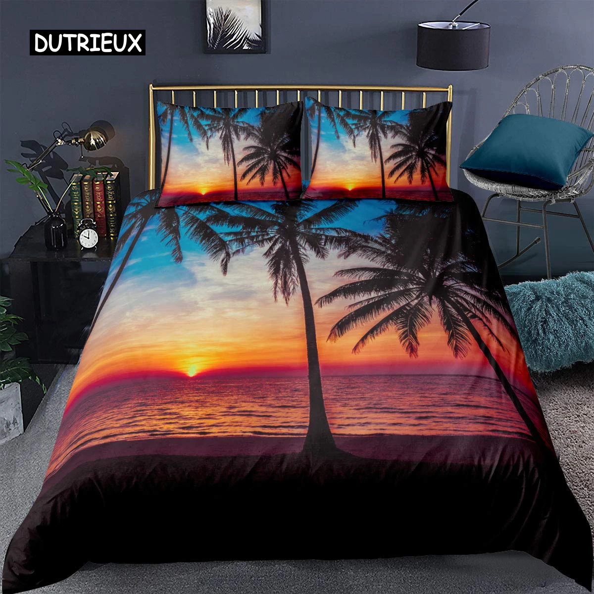 

Ocean Beach Duvet Cover Set King Microfiber Tropical Sunset Beach with Palm Trees Bedding Set Peaceful Ocean Evening Quilt Cover