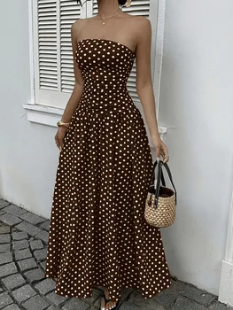 Women's Polka Dot Print Waist-Cinching Vest Dress Vacation Style Long Brown Maxi Skirt Elegant Casual Summer Fashion 1