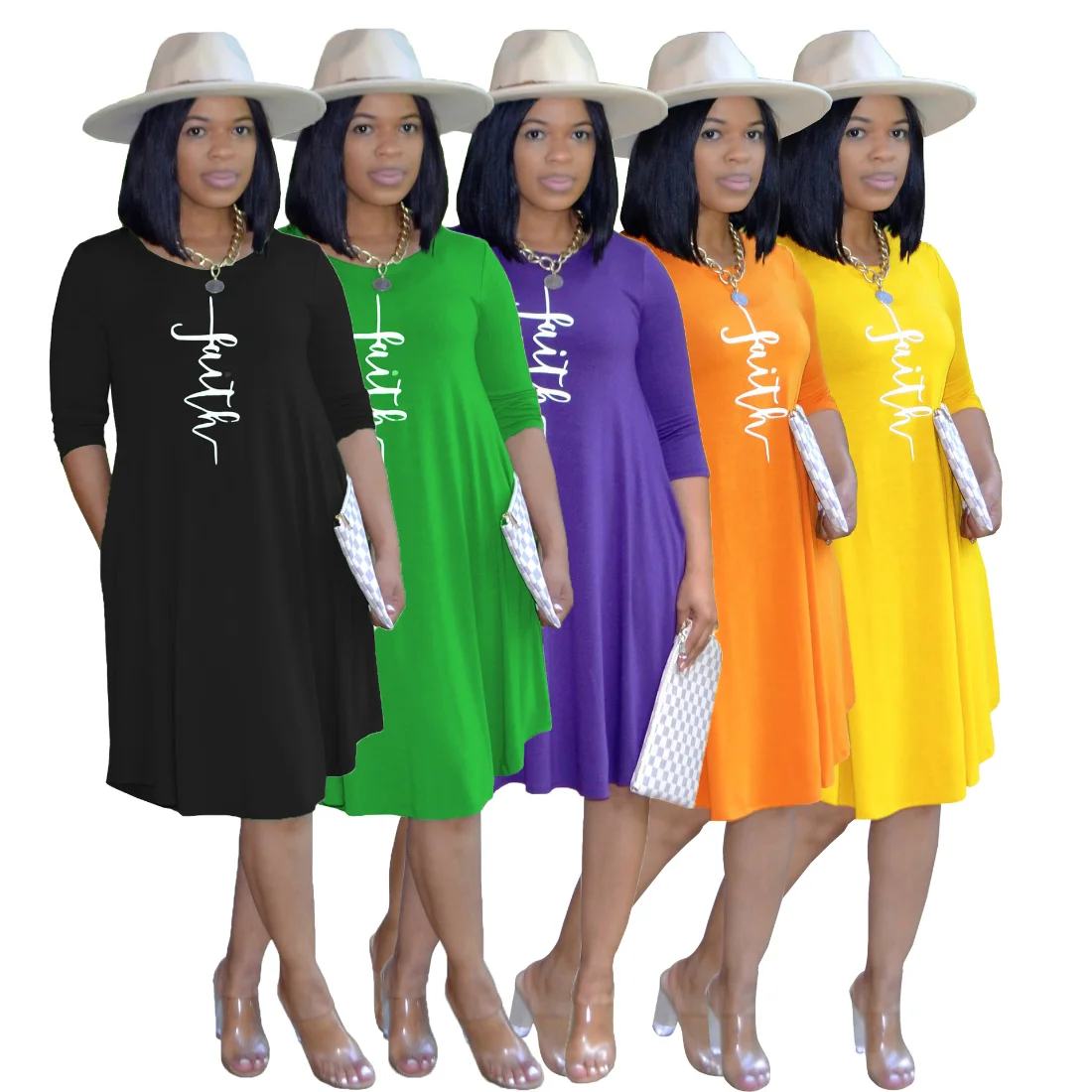 

New Faith Letter Print Dresses For Women Pocket O-neck Three Quarter Sleeve Dress 2022 Female Summer Autumn Dress