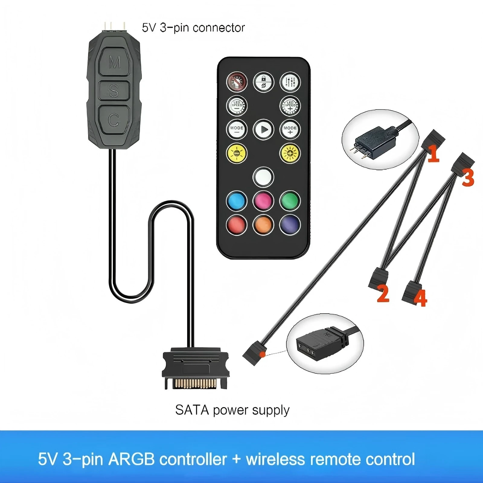 ตัวเลือกสินค้า ตัวควบคุมแสง ARGB สำหรับพัดลม PC 5V 3PIN SATA