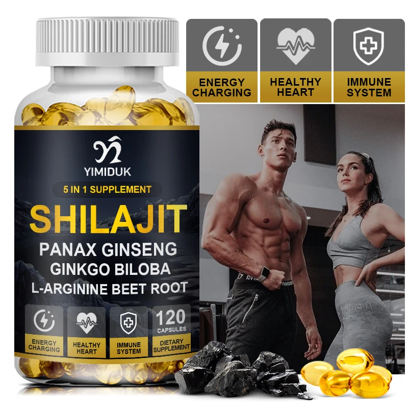 Shilajit Capsules with Ginkgo Biloba Leaf, L-Arginine and Beet Root Support for Energy Production, Concentration, Brain Health