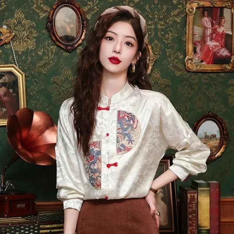 

Женская рубашка в китайском стиле, жаккардовая рубашка с длинным рукавом, воротником-стойкой и пряжкой, с вышивкой в национальном стиле, весна 2024