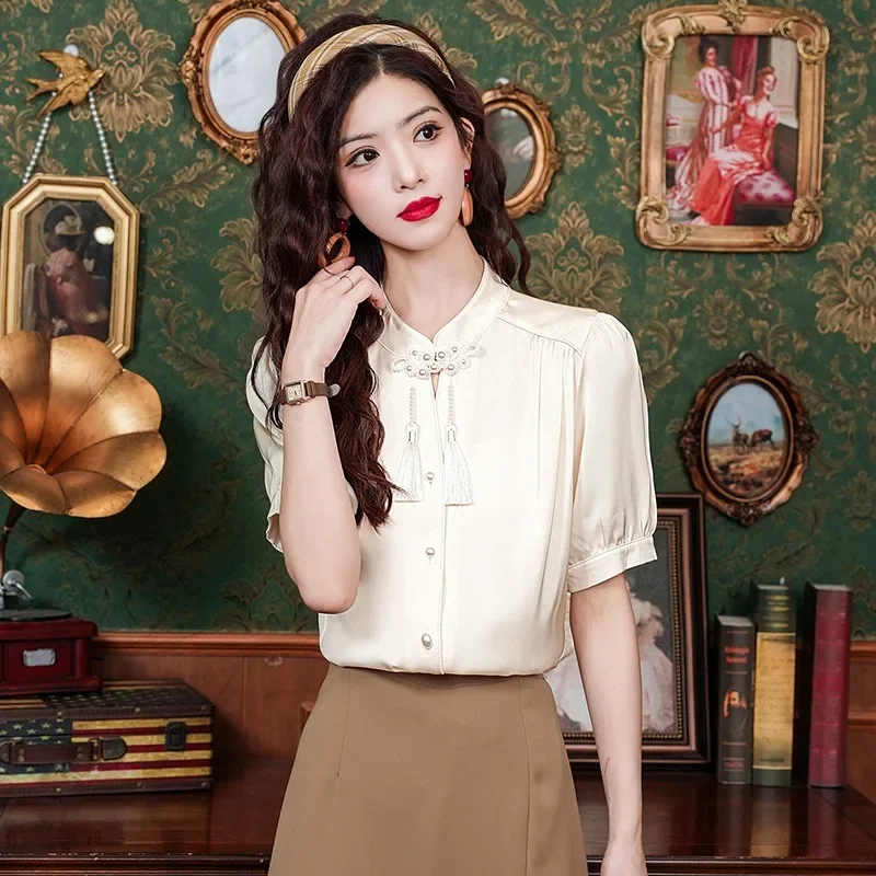 Satin Chinese Style Women's Shirt Summer Silk Vintage Blouses Loose Short Sleeves Women Tops Fashion Clothing 2024 Korean