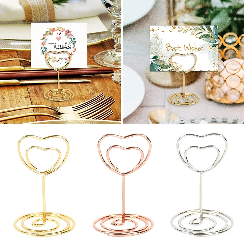 10Pcs Gold Wires Place Card Holders Picture Memo Note Photo Name Card Metal Clips for Wedding Party Cake Decor 30cm-Heart Shape 