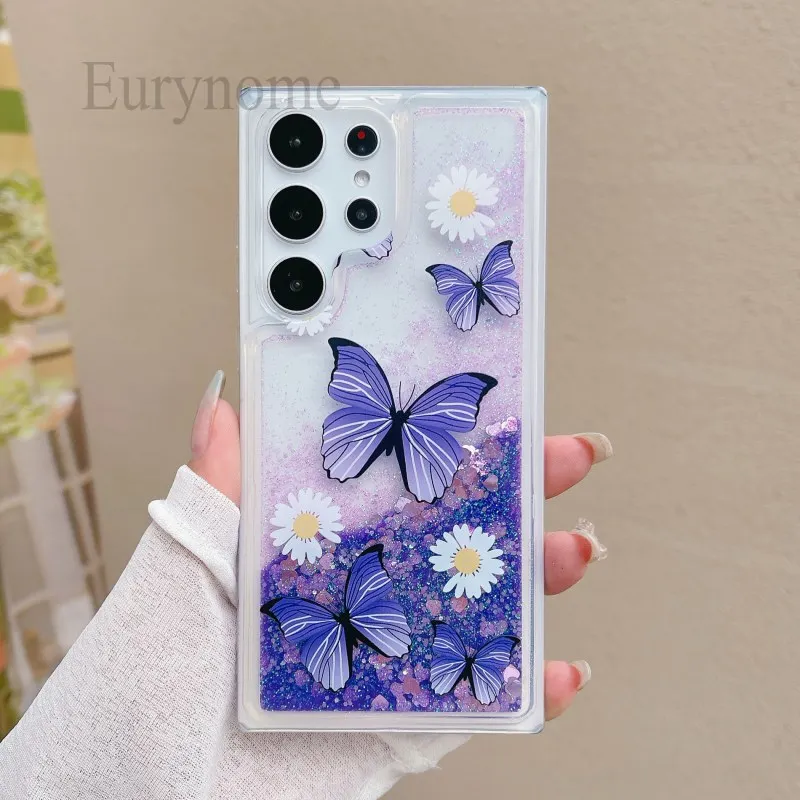 Pink Flower Butterfly Clear Liquid Glitter Quicksand Bling Case