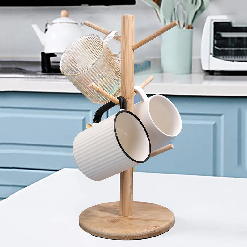 Wooden Mug Hanging Display Rack Drinkware Shelf 6 Hooks Tree Shape Wood Coffee Tea Cup Storage Holder Stand Tumbler Holders cup storage holder