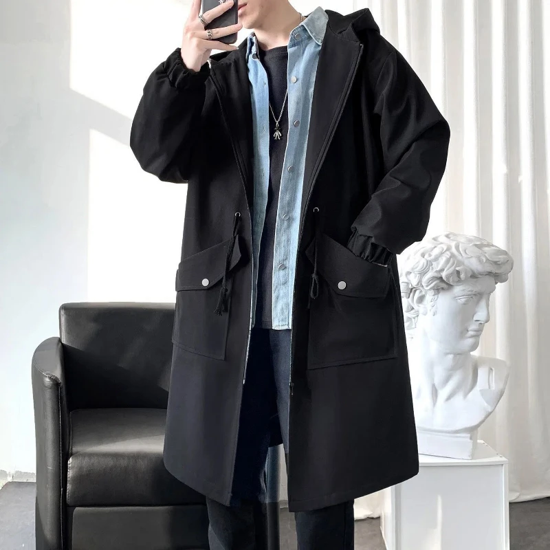 Spring Autumn Printing Hooded Long Sleeve Fashion Trench Man High Street Casual Loose Zipper Patchwork Pockets Cardigan