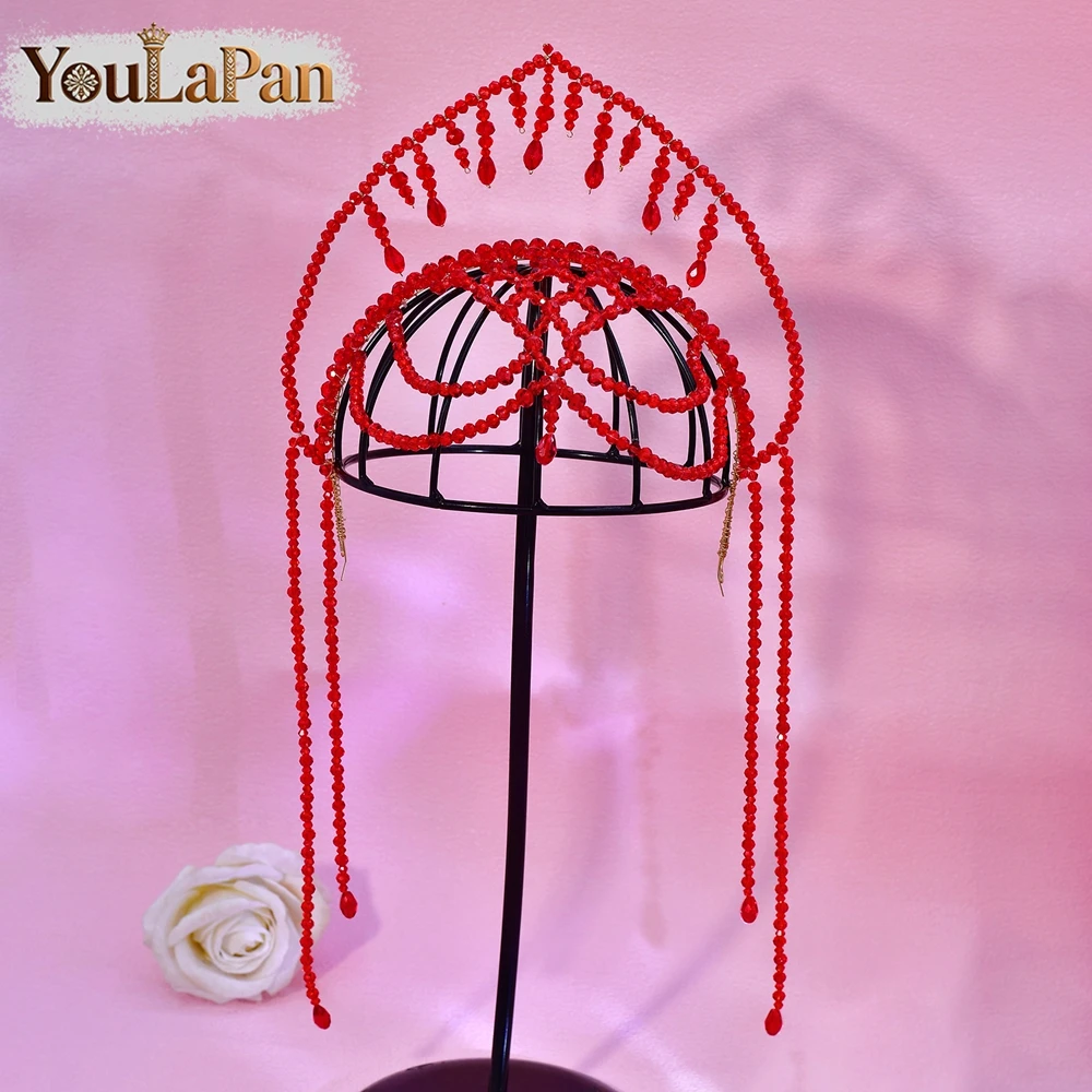 YouLaPan 럭셔리 레드 컬러 크리스탈 크라운 머리띠 Boho Tassel 신부 티아라 헤어 액세서리 파티 축제 헤드피스 A417