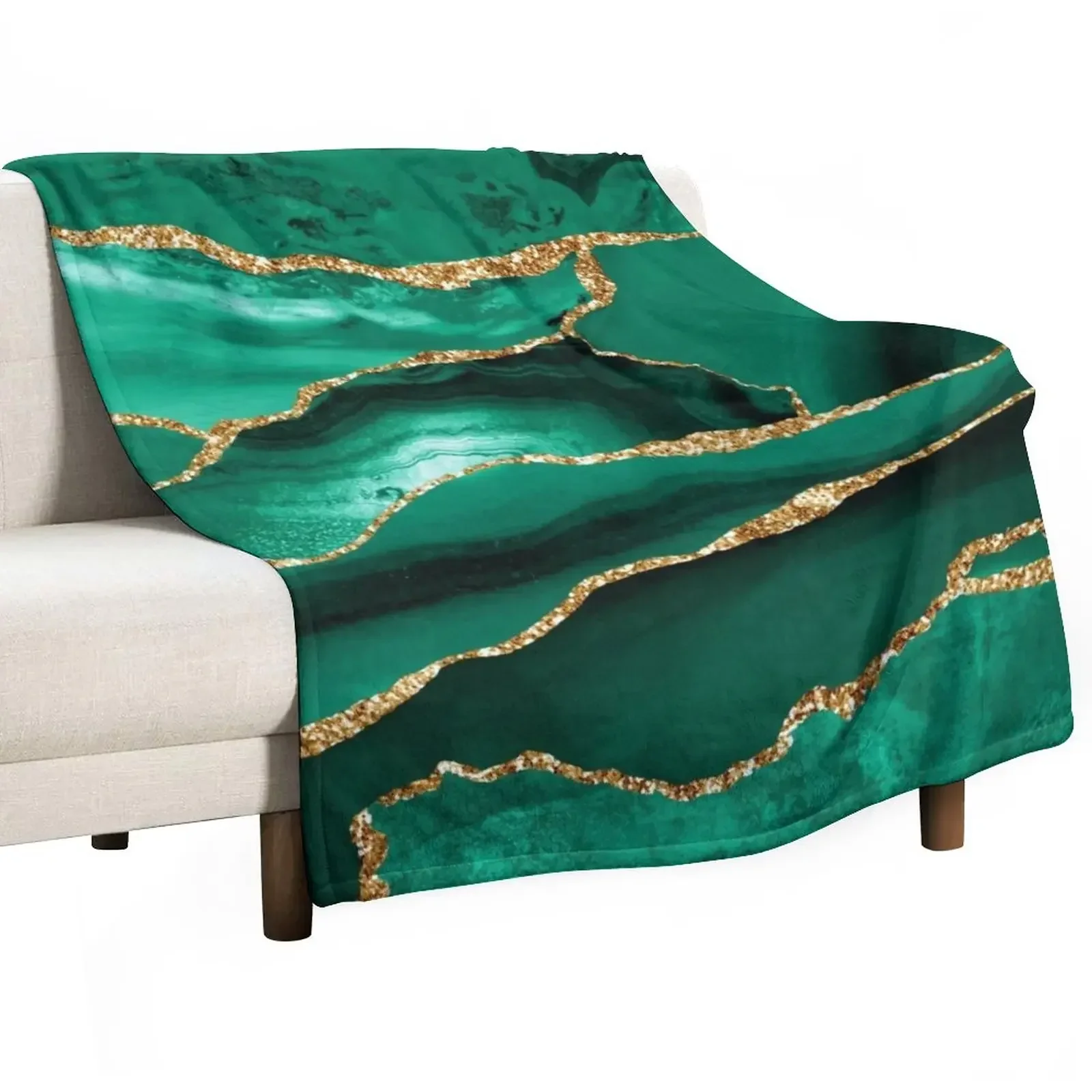 

Emerald Green Malachite Faux Marble With Gold Glitter Throw Blanket Sofa Sleeping Bag Weighted Luxury Brand Blankets